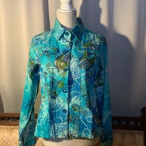 New Identity Turquoise Hand Beaded Women's Blue Floral Blouse